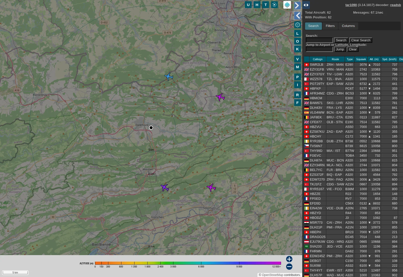 La carte détaillée tar1090 : les cercles de 5, 10 et 25 km autour de Courroux, et la table des appareils avec route, altitude et vitesse